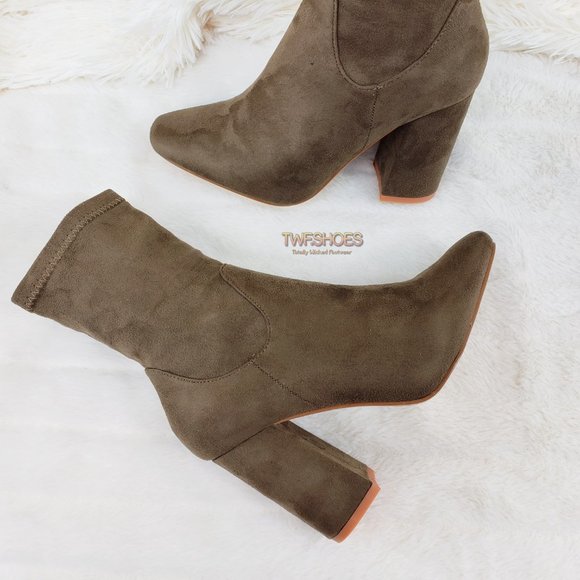 Cape Robbin Shoes - Olive Stretch Fabric Ankle Boots 3.5" Block Heels